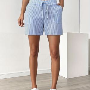 TEMU 여성 캐주얼 여름 반바지 드로스트링 허리 - 라이트 그레이 및 화이트, 해변 및 수영장용, 해변 캐주얼 웨어 | 반바지 | 드로스트링 허리띠