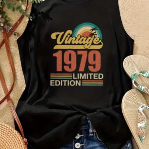 TEMU 여성용 빈티지 1979 한정판 그래픽 탱크탑 - 블랙 레트로 글자 & 무지개 , 소프트 폴리에스터 라운드넥 민소매 티셔츠, 세탁기 사용 가능 캐주얼 여름웨어, 데일리 편안함, 향수 패션, 부드러운 질감