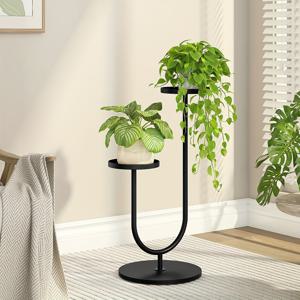 TEMU 모던 블랙 메탈 식물 스탠드 2단 선반 - 실내/외용 튼튼한 식물 랙, 공간 절약형 수직 디자인 (거실, 침실, 사무실, 식당용) - 화분용 튼튼한 받침대, 간편한 조립, 실내 식물 스탠드