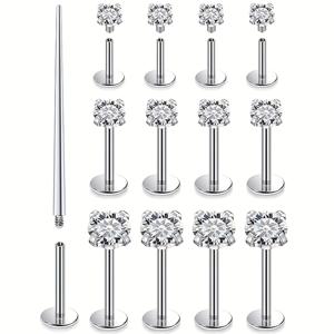 TEMU 13pcs 16G 입 링 트라구스 피어싱 보석 입 라브레트 스타드 수술 스테인레스 스틸 다양한 크기 플랫 백 cartilage helix conch 귀걸이 스타드 피어싱 보석 바 6mm 8mm 10m