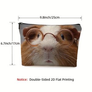 TEMU 안경을 쓴 기니피그 디자인 화장품 파우치 1개 - 내구성 있는 원단 지퍼 클로저 메이크업 파우치, 가벼운 접이식 여행용 세면도구 정리함, 여성 및 어머니를 위한 선물, 딸들을 위한 독특한 액세서리, 매끄러운 질감, 2D 플랫