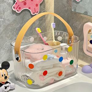 TEMU 손잡이가 있는 컬러풀 폴카 도트 플라스틱 보관 바구니 1개 - 욕실, 주방 및 기숙사 필수품용 경량 벽걸이 정리함, 화장품 보관함, 배수 설계, 가벼운 디자인