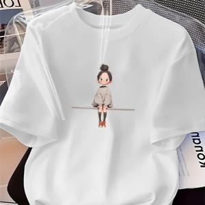 TEMU 귀여운 만화 및 나비 프린트가 있는 여성용 캐주얼 반팔 티셔츠 - 부드러운 니트 라운드 넥 탑, 연노랑 레귤러 핏 봄 여름 캐주얼 의상, 레이디스 티셔츠, 재미있는 그래픽 티, 편안한 원단