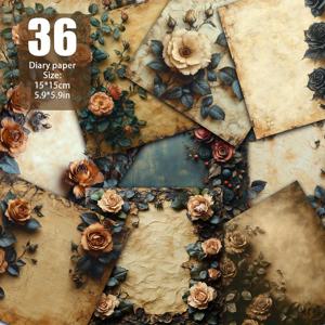 TEMU 36개의 빈티지 로즈 & 기어 스크랩북용 종이 - 고전적인 가죽 질감, 꽃과 기계 디자인, 5.9x5.9cm, 일기, 앨범, 카드 만들기 및 배경 장식에 이상적, 일기, 빈티지 미학, 내구성 있는 종이, 스크랩북 용품