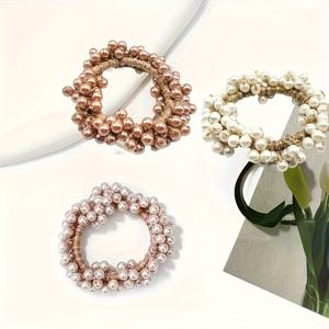 TEMU 3팩 비즈 장식 탄력 있는 헤어 밴드 - 여성용 소프트 스트레치 머리끈, 크림 화이트 & 핑크 색상, 우아한 포니테일 및 번 스타일링 액세서리, 캐주얼 룩에 어울리는 , 매끄러운 비즈 디자인, 스위트 스타일