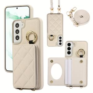 TEMU 2025년 새로운 모델, 사과 패턴이 있는 삼성 폰 케이스와 함께 사용할 수 있는 체크 카드 홀더, 스트랩과 메이크업 미러가 있는 폰 케이스, 갤럭시 S25 울트라/S25 플러스/S24 FE/S23U/S23+/S22용 보호 케이스, 스탠드 기능이 있는 트렌디하고 고급스러운 디자인입니다.