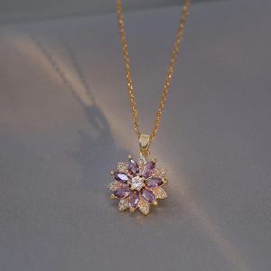 TEMU 우아한 골든톤 작은 데이지 꽃 목걸이 - 반짝이는 보라색 & 투명 보석 여성용 주얼리, 다용도 일상 및 공식 행사용, 고급스러운 플로럴 디자인, 레이디즈 쥬얼리, 금빛 체인, 고품질 공예