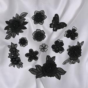 TEMU 12개, 블랙 핸드메이드 네일 비즈 꽃봉오리 패치 스티커, 블랙 자수 레이스 플라워 패치, 웨딩 드레스 장식 액세서리, DIY 헤어 액세서리, 의류, 가방 및 결혼식 장식 수공예용