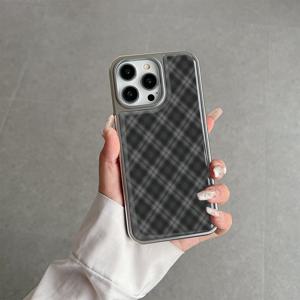 TEMU 아이폰 16, 15, 14, 13, 12용 쿨 블랙 & 그레이 체크무늬 트렌디 전기 도금 디자인 케이스 - 얼룩 방지, 패셔너블하고 스타일리시