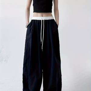 TEMU 여성용 하이웨이스트 컬러 블록 와이드 레그 팬츠 드로스트링 허리 - 루즈핏, 흐르는 디자인, 캐주얼 또는 스포티한 옷에 완벽|스포츠|냉장고바지|옷