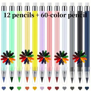 TEMU 12개의 연필 + 60가지 색상 연필 끝 영원한 연필 무한 연필 지우개 포함 재사용 가능한 잉크 없는 영원한 연필 글짓기 그림 사무실 학교 용품 마카론