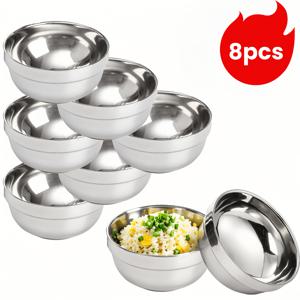 TEMU 8pcs 4.72 인치 스테인레스 스틸 스낵 보울, 15oz 금속 수프 샐러드 보울, 열 절연 스테인레스 스틸 보울, 얼음 크림 또는 뜨거운 수프, 시리얼, 쌀, 면, 샐러드를 제공하기 위한 작은 이중 벽 서빙 접시