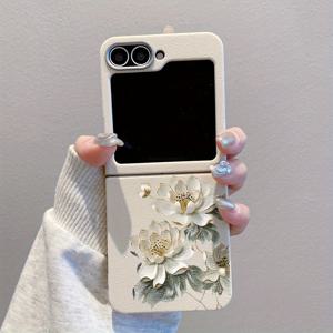 TEMU 레트로 화이트 스노우 로터스 풀바디 블랙 앤 화이트 안티드롭 폰 케이스 - 갤럭시 Z 플립 6, 갤럭시 Z 플립 5, 갤럭시 Z 플립 4, 갤럭시 Z 플립 3 5G 호환 TPU 슬림 가벼운 내구성 강화 스크래치 방지 케이스