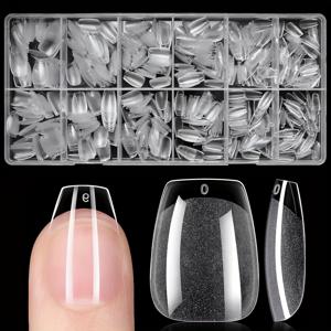 TEMU 600개 짧은 코핀형 네일 스티커 - 12가지 사이즈 투명 아크릴 발레 스타일 손톱, 매트 & 광택 블랙 옵션, 풀 커버 소프트 젤 X 네일 DIY 살롱용, 간편한 적용 필수 네일 아트 키트, 우아한 디자인 뷰티 액세서리