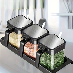 TEMU 가정용 유리 양념통 세트, 스푼, 설탕통, 소금통, 향신료 용기, 밀폐 보관함|트라이탄밀폐용기