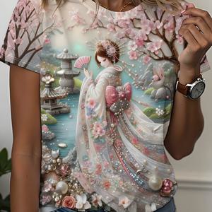 TEMU 여성용 일본 벚꽃 프린트 반팔 티셔츠 - 전통 기모노 레이디 & 파고다 디자인, 부드러운 폴리에스터, 세탁기 사용 가능, 봄 여행 및 캐주얼 웨어, 휴가 스타일, 우아한 스타일, 가벼운 탑, 패션 애호가를 위한 셔츠