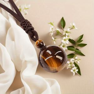 TEMU HELOVGE 타이거 아이 비즈 펜던트 목걸이, 조절 가능한 로프 - 스타일, 커플용 자연 라운드 귀걸이, 데이 선물, 일상용 보석| 스타일 목걸이|조절 가능한 로프 목걸이