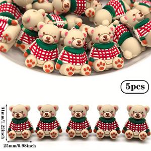 TEMU 5개 크리스마스 베어 실리콘 비즈 - 빨간색 & 녹색 체크무늬 스카프가 있는 3D 동물 스페이서 비즈, 팔찌, 목걸이, 열쇠고리, 휴대폰 펜던트용 DIY 주얼리 만들기 - 축제 공예 용품 및 파티 선물, 장식, 매끄러운 마감, 데코레이터