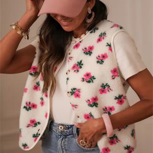 TEMU 1개 여성용 플로럴 조끼 - 부드러운 핑크 꽃무늬 (핑크/화이트/그린) - 앞면 버튼 클로저 - 사계절 겹쳐 입기 가능한 캐주얼, 정장, 일상복 - 시크한 아우터웨어 재킷, 플로랄 프린트 재킷, 다용도 패션, 라운드 넥라인, 인조 퍼 원단, 내구성 있는 아우터웨어, 스타일리시 스트리트웨어, 가벼운 재킷, 버튼 탑, 패션 여성