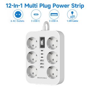 TEMU 헤비듀티 2000J 서지 프로텍터 멀티탭, 6개 AC 콘센트 & 3 USB-A 및 Type-C 포트 - EU 소켓 (Type CEE 7/EURO), 과부하 및 단락 보호 기능, 컴팩트 디자인, 홈 오피스·거실·침실용, 충전기·컴퓨터·TV·커피메이커·전자 충전 스테이션에 적합, 세련된 가젯, 다목적 연결