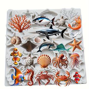 TEMU 해양 동물에 대한 실리콘 모양은 물고기, 껍질, 새우, 게, 거북, 돌고래, 별어류, 해마, 해파리, 오징어를 포함하고 있습니다. DIY 프로젝트 및 에폭시 수지, 점토, 등으로 장식할 수 있습니다.