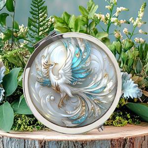 TEMU 빈티지 스테인드 글라스 피닉스 & 메이크업 미러 - 우아한 연한 파랑 & 골든 장식 프레임, 휴대용 유리 표면과 반짝이는 디테일, 웨딩 파보, 생일 & 기념일 선물, 홈 또는 여행용 우아한 화장대 미러, 귀여운 미러, 손잡이 있는 휴대용 미러, 소형 여성용 미러, 빈티지 핸드헬드 미러, 2D 플랫