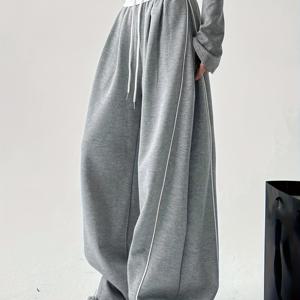 TEMU 여성용 하이웨이스트 회색 드로스트링 스웨트팬츠 - 캐주얼 레그 조거, 봄 & 가을에 편안함, 캐주얼 복장에 적합, 조깅 바지|냉장고바지|바지