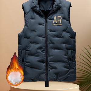 TEMU 남성용 경량 겨울 조끼 - 슬리브리스 지퍼업 스탠드 칼라, 블랙 캐주얼 아우터웨어, 폴리에스터 필링, 가을과 겨울에 완벽한 겨울 조끼 | 스탠드 칼라 조끼 | 폴리에스터 섬유 조끼