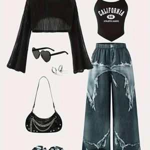 TEMU 고스코어 여아용 청소년 패션 홀로우드탑 + 캐미솔탱크+프린트롱팬츠 이티메이션데님 3피스세트, 봄/가을 야외활동에 필수 (백과 액세서리는 포함되지 않음), 야외에서 완벽한 선택