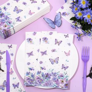 TEMU 20개 세트 우아한 플로럴 파티 냅킨 - 소프트 퍼플, 워터컬러 꽃 테이블 장식, 웨딩, 생일, 브라이덜 샤워용 - 고급스러운 테이블 세팅 필수품, 결혼식 테이블 , 축하 행사 필수 아이템, 화려한 나비 모티프, 스타일리시 페이퍼 데코, 홈 엔터테인먼트 용품