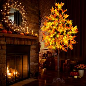 TEMU 1개 초대형 5ft/6ft LED 조명 가을 단풍나무 - 따뜻한 화이트 & 멀티컬러 조명, 리얼리스틱 오렌지/노랑/골든 잎사귀, 튼튼한 베이스로 실내 홈 데코 - 할로윈, 추수감사절, 크리스마스, 가을 파티 장식용 쉬운 설치 - 내구성 있는 플라스틱 나무 LED 조명, 유지 관리 불필요