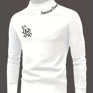 TEMU 슬림핏 하이넥 긴팔 티셔츠 - 청소년용 기하학 패턴 스트레치 캐주얼 탑, 가을 따뜻함, 흰색에 검은 글자, 레귤러 핏 캐주얼 의상용, 고등학교 소년 셔츠, 청소년용 긴팔 티셔츠, 청소년용