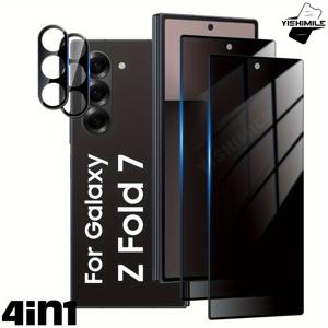 TEMU 4in1 2개 프라이버시 강화유리 보호필름+2개 카메라 렌즈 보호기, 삼성 갤럭시 Z 폴드 4/Z 폴드 5/Z 폴드 6/Z 폴드 7 시리즈 호환, 스크래치 방지, 지문 방지, 기포 없음, 간편 설치