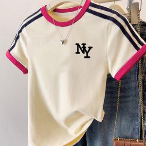 TEMU 여성용 캐주얼 티셔츠 - NY 프린트 핑크 컬러 블록, 가벼운 여름 데일리 탑 & 레이어드 룩, 스트릿 스타일, 레트로 , 통기성 원단 반팔 셔츠, 패션 러버즈