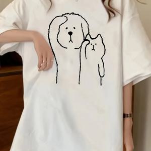 TEMU 여성용 귀여운 강아지 & 새끼 고양이 프린트 티셔츠 - 부드럽고 통기성 좋은 원단, 캐주얼 반팔 크루 넥, 봄/여름용 가벼우면서 편안한, 일상 패션, 캐주얼 여름 착용 | 장난기 있는 동물 프린트 | 소프트 셔츠