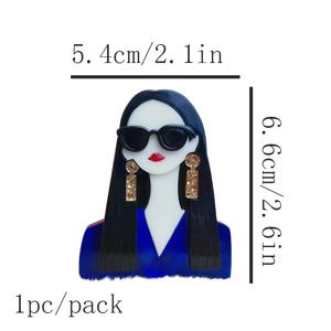 TEMU 【2D 플랫】1개 수제 아크릴 패션 걸 브로치 - 우아한 레트로 디자인의 검은 머리, 파란 드레스 & 빨간 입술, 스카프, 가방, 재킷용 다용도 액세서리 - 독특한 선물 아이디어, 만화 스타일 주얼리, 귀여운 브로치