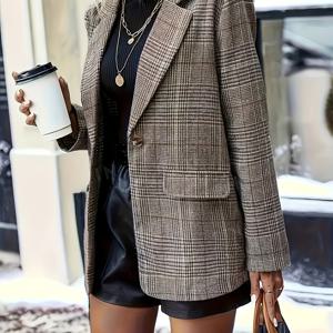 TEMU 여성용 우아한 브라운 & 화이트 체크 긴팔 재킷 - A라인 싱글 버튼 클로저 , 가벼운 다용도 오피스 & 캐주얼 봄 여름 가을 시즌 패션, 구조적 디자인