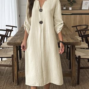 TEMU 여성용 우아한 V넥 드레스 - 긴소매 버튼 앞면 여밈, 매력적인 루즈핏 올 시즌 포멀 & - 간편한 관리 시크한 오피스룩부터 파티룩까지, 파티 드레스, 다용도 의류, 세련된 스타일, 고품질 스티칭