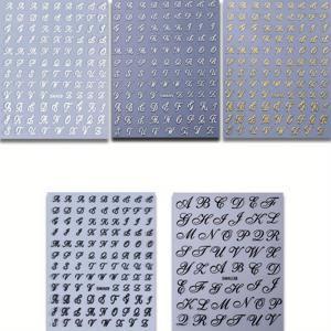 TEMU 5개의 고딕 스타일 영어 문자 네일 스티커, 골드와 실버의 대문자, 네일 스티커 SWA138+09, 블랙, 화이트, 골드, 실버