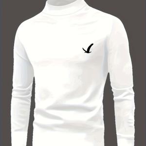 TEMU 청소년 슬림핏 하이넥 긴팔 티셔츠 - 화이트 기하학적 새 그래픽, 신축성 있는 캐주얼 탑, 가을 야외 활동에 완벽한 청소년 의류 | 하이넥 셔츠 | 신축성 있는 원단, 청소년용