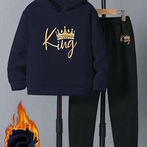 TEMU 2개 세트 - KING 프린팅이 있는 후드티 & 조거팬츠, 두꺼운 보온성 있는 겨울용 이너웨어 | 학교/체육관/캐주얼복으로 적합한 기계식 세탁가능한 2피스 수트 (가을/겨울) - 훈련과 야외활동에 이상적인 편안한 매칭룩(소년을 위한 긴팔 후디&바지), 스타일리시한 골든레터링, 여유로운핏