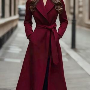 TEMU 여성용 우아한 롱 코트 - 벨트 허리, 시크한 오피스부터 파티까지 겸용, 가을/겨울용 논스트레치 원단, 여성용 우아한 포멀 & 데일리 아우터, 여성 겨울 코트