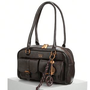 TEMU 여성용 레트로 대용량 합성 숄더백 (탈부착 가능한 참 포함) - Y2K 스타일 뮤직 페스티벌 백팩, 다중 포켓, 지퍼 잠금, 튼튼한 구조, 빈티지 감성, 캐주얼 액세서리, 브라운, 조절 가능한 스트랩, 여행용 핸드백|인테리어소품