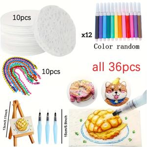 TEMU 36개 3D 스펀지 캔버스 드로잉 용지 세트, (원형 드로잉 용지 10개 + 펜 12개 + 비즈 체인 10개 + 물 펜 3개 + 스탠드 1개) 폼 확장 아트 공예 용지, 페인팅 스펀지 압축 폼 텍스처 페인팅 창의적이고 흥미로운 종이 예술
