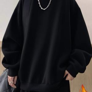 TEMU 남성용 오버사이즈 블랙 플리스 안감 크루 넥 스웨트셔츠, 일본어 문자 프린트 - 캐주얼 루즈핏 풀오버, 긴 소매, 레귤러 길이, 가을 & 겨울에 완벽, 일상적인 편안함 의류 | 편안한 핏 스웨트셔츠 | 플리스 안감