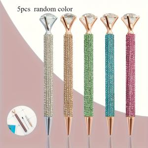 TEMU 5개 세트 우아한 라인스톤 볼펜 - 회전 디자인의 반짝이는 메탈 펜, 검정 잉크, 학교, 생일, 어머니의 날 선물 및 문구용품에 완벽, 학교 용품 | 반짝이는 펜 | 메탈릭 마감, 보석 볼펜, 아름다운 펜 쓰기용, 대형 컬러 볼펜, 학교 용품, 문구용품, 학교 액세서리