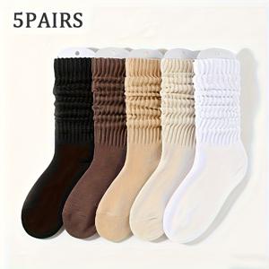 TEMU 가을/겨울용 두꺼운 따뜻한 여성용 커피 브라운 마일라드 스타일 중목 양말 5켤레 팩, 추운 날씨용 의류,아늑한 신발,클래식 디자인,부드러운 원단,내구성 있는 소재,겨울 필수품,일상 착용