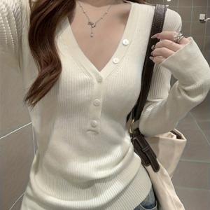 TEMU 여성용 우아한 V넥 긴팔 스웨터 - 부드럽고 신축성 있는 버튼 앞면 탑, 시크한 오피스 & 데일리 스웨터 (가을/겨울), 오피스, 파티, 캐주얼 의상 - 여성 의류 필수품, 스웨터, 파티 복장, V넥 디자인, 고탄성 원단, 시크한 오피스 & 데일리 스웨터
