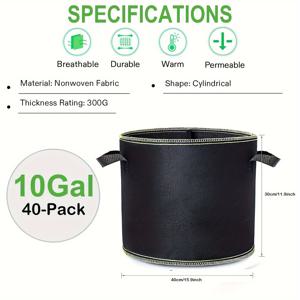 TEMU 40개 헤비듀티 논-우븐 패브릭 식물 재배 가방 - 3/5/7/10/15/20 갤런 사이즈, 채소·꽃·과일용 통기성 실내외 정원 침대, 내구성 있는 블랙 플랜터, 감자·당근·양파·허브용, 튼튼한 핸들 디자인, 강화된 스티칭, 홈 가드너를 위한 야외 가드닝|화분