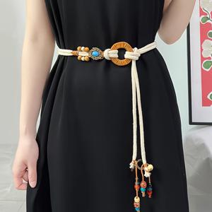 TEMU 여성용 비즈 허리끈 벨트 - 컬러 비즈가 있는 조절 가능한 빈티지 꼰 끈, 베이지색 다목적 액세서리 (청바지, 드레스, 웨딩, 파티, 타이, 벨트 및 의상용 핸드메이드 스타일)